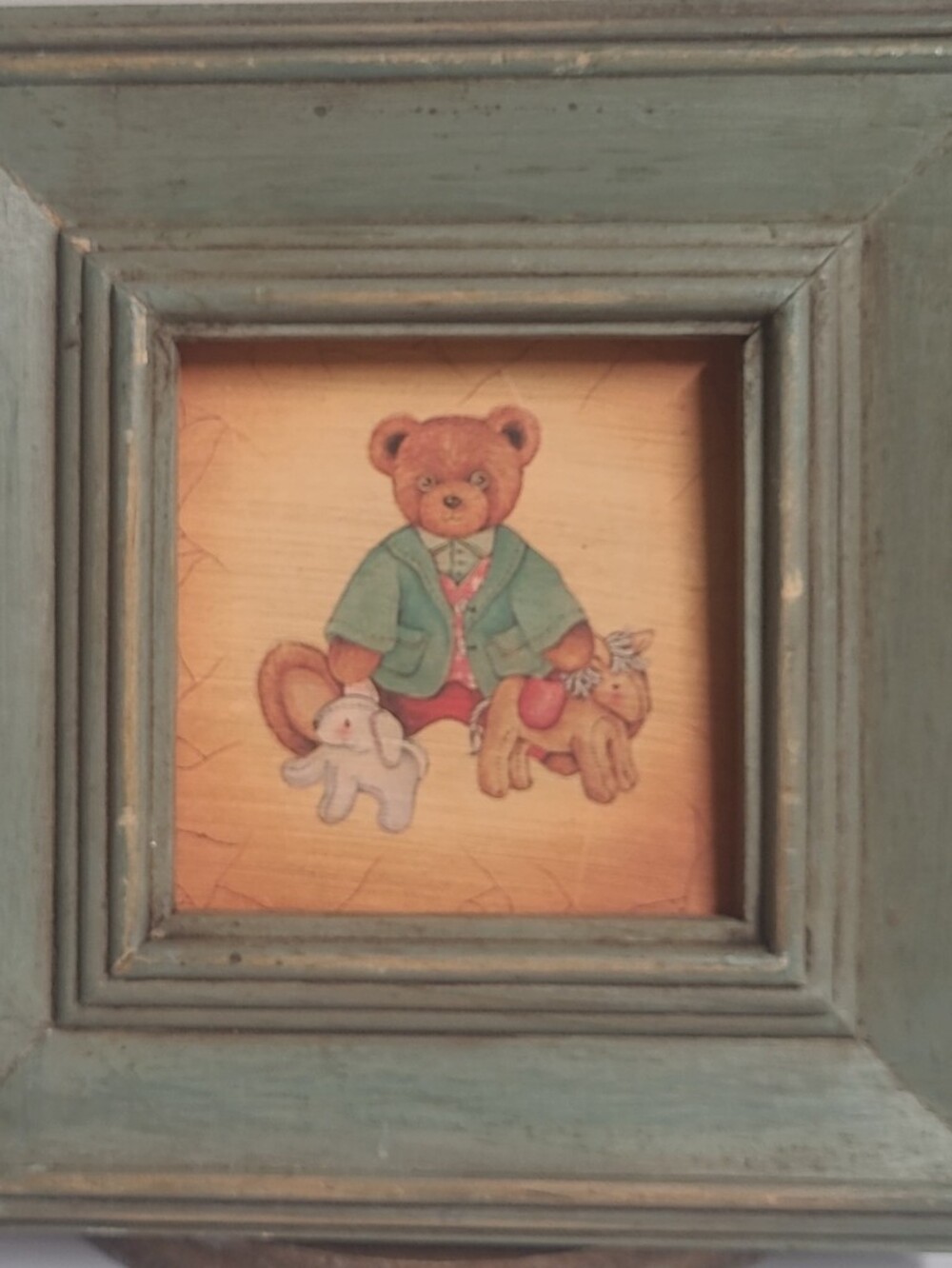 Rustic Teal Wooden Picture Frame with Teddy Bear Art